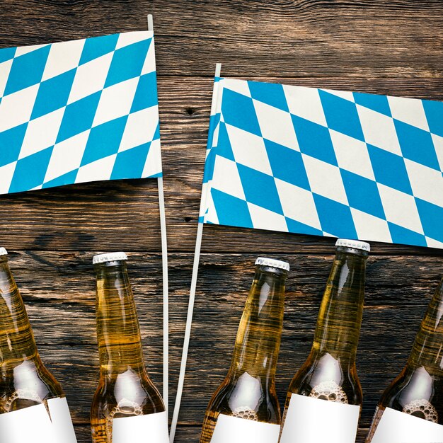 German beer bottles on wooden planks