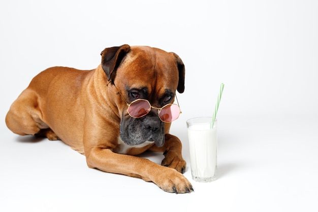 German boxer dog with milk on white background