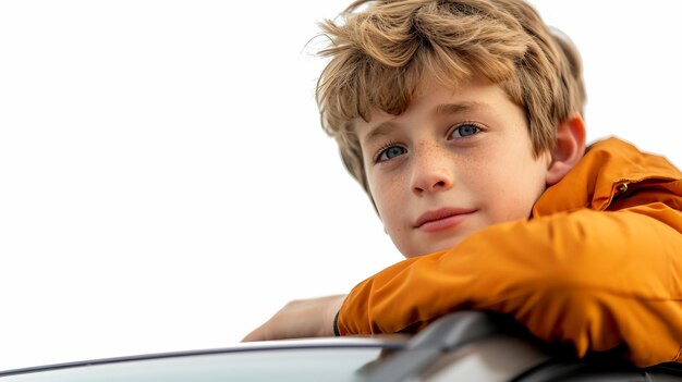 Photo german boy leans on isolated car