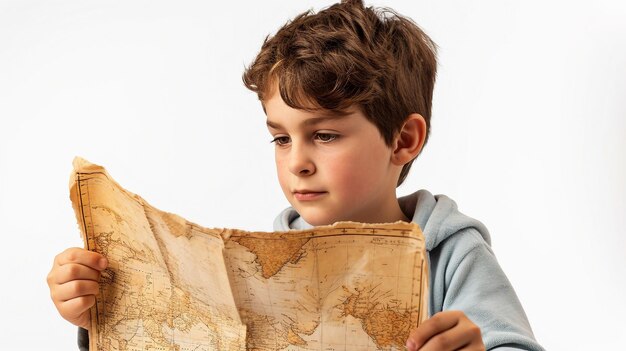 Photo german boy looks at isolated map