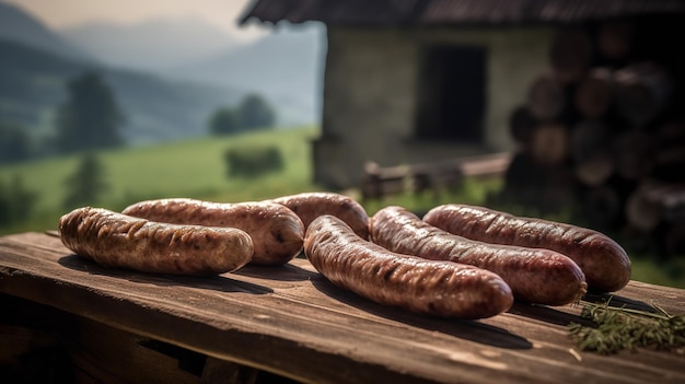 German bratwurst on a rustic countryside table
