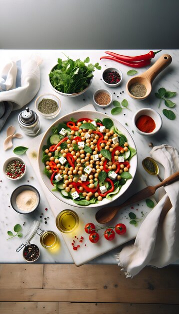 German Chickpea Salad with Feta on Marble Counter