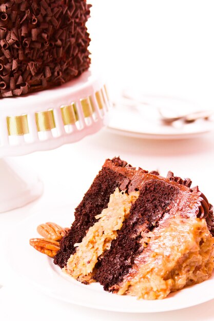 German chocolate cake with two layers of chocolate cake filled and topped with classic German chocolate filling (a caramel-goo of coconut and pecans), covered in chocolate buttercream.