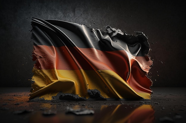 A german flag is torn in a hole in a dark room.