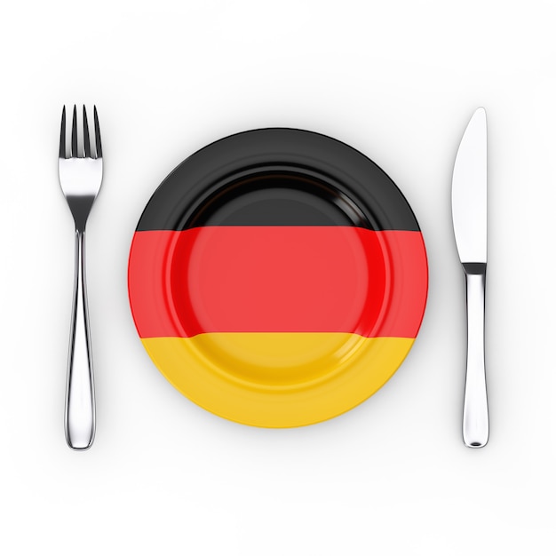 ドイツ料理または料理のコンセプト。白地にドイツ国旗のフォーク、ナイフ、プレート。 3Dレンダリング