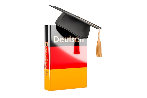 German language textbook with graduation cap Learn German language classes 3D rendering isolated on white background