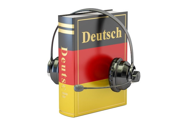 German language textbook with headset learning and translate concept 3D rendering