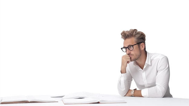 Photo a german male architect looks to the left in a thinking pose