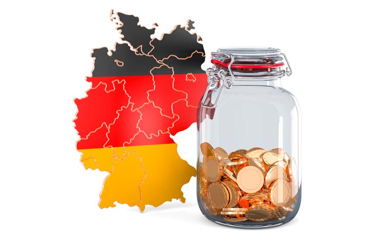 Photo german map with glass jar full of golden coins 3d rendering isolated on white background