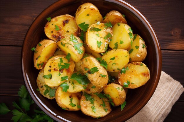 German potato salad on a plate closeup view from above horizontal rustic style