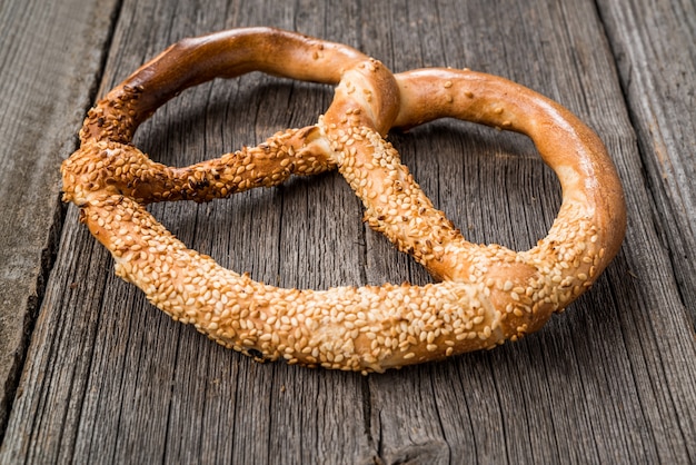 German pretzel on wooden table