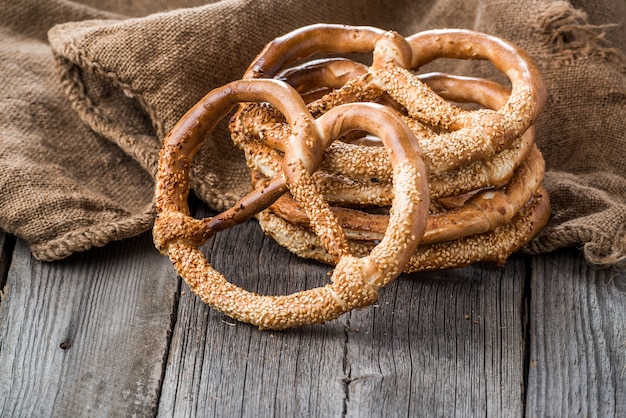 German pretzels on wooden table