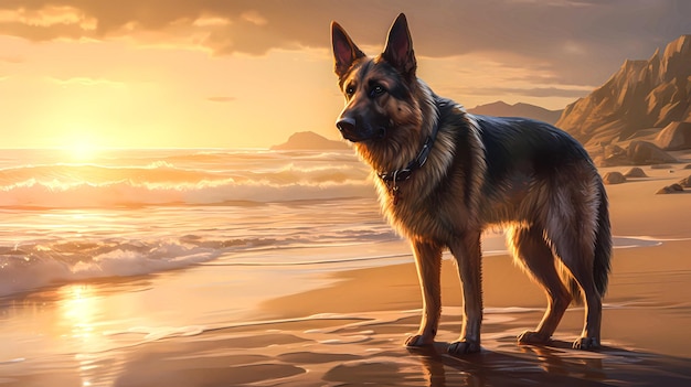 A german shepard sitting on a beach