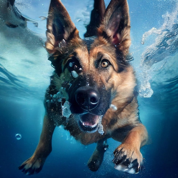 독일 셰퍼드 개는 파란 수영장에서 수중 수영을 하고 있습니다. 재미있는 애완 동물이 구조견의 카메라 전면을 바라보며 바다로 뛰어들었습니다.