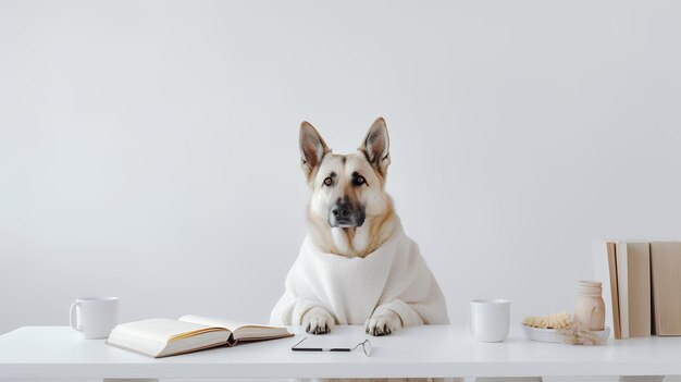 服を着たドイツの羊飼いがカップと本の積み重ねで研究室に座っています