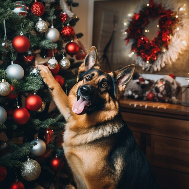 German shepherd decorating a Christmas tree