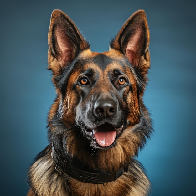 a german shepherd dog on a blue background