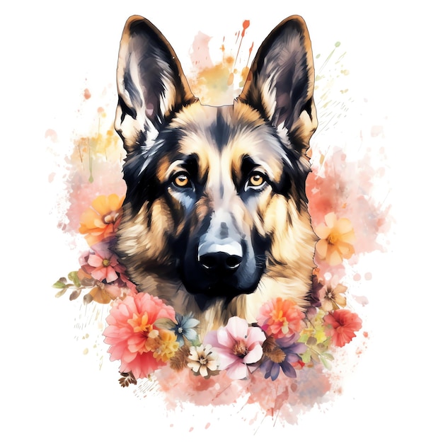 Photo german shepherd dog in boho style surrounded by flowers and plants beautiful german shepherd dog