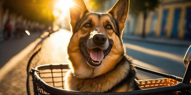 German shepherd dog have fun bicycle ride on sunshine day morning in summer on town street