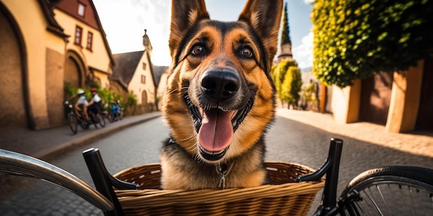 German Shepherd dog have fun bicycle ride on sunshine day morning in summer on town street