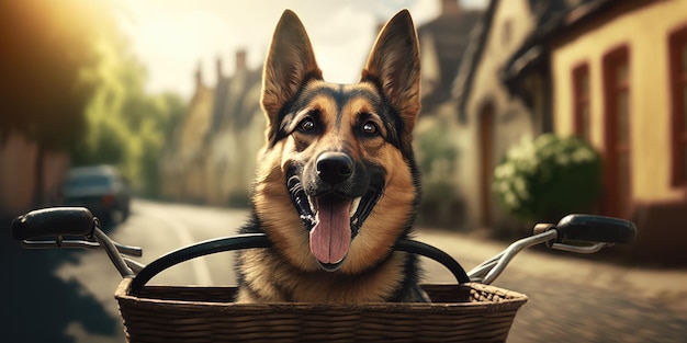 German Shepherd dog have fun bicycle ride on sunshine day morning in summer on town street