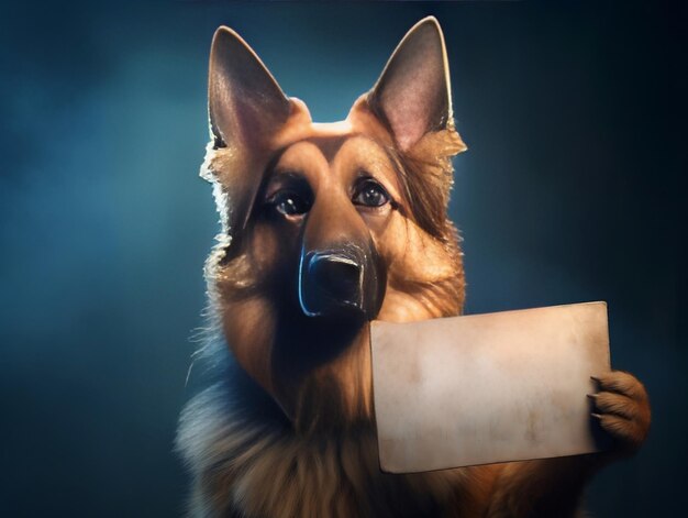 German shepherd dog holding a blank sign