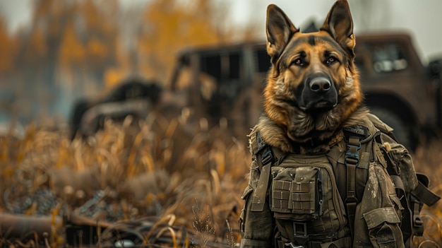 写真 軍事制服を着たドイツの羊飼い犬が畑に座っている