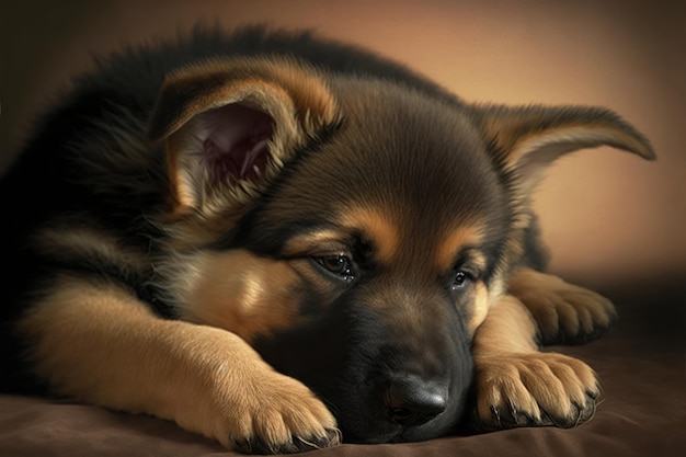 A german shepherd dog is lying on a brown blanket.