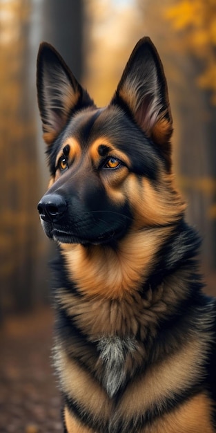 A german shepherd dog is sitting in a field.