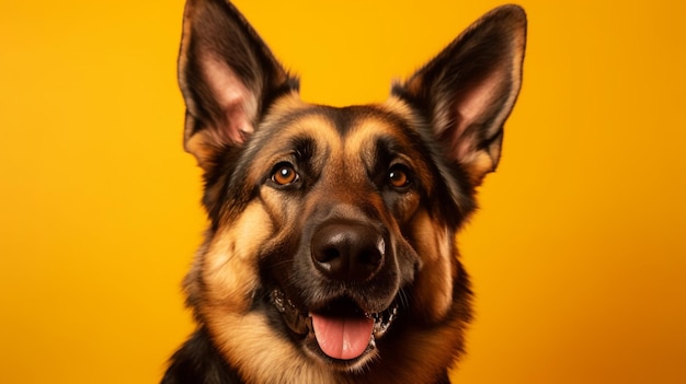 A german shepherd dog is on a yellow background.