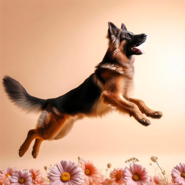 German Shepherd Dog Jumping on color Background ai generative