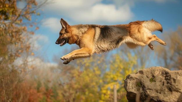 a german shepherd dog jumps over a rock in the woods