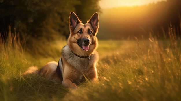 草の中に横たわるジャーマン・シェパード犬