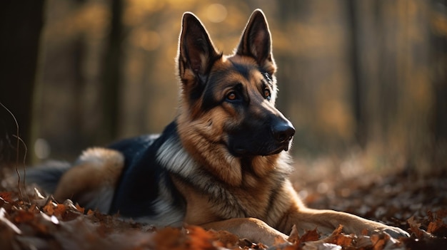 A german shepherd dog laying in the leaves