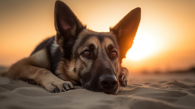 A german shepherd dog laying on the sand at sunset