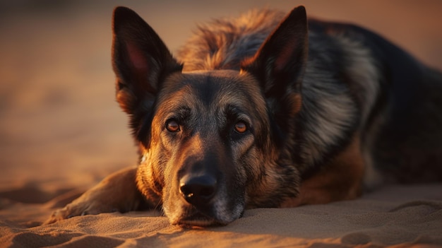 A german shepherd dog lays on the sand in the desert.