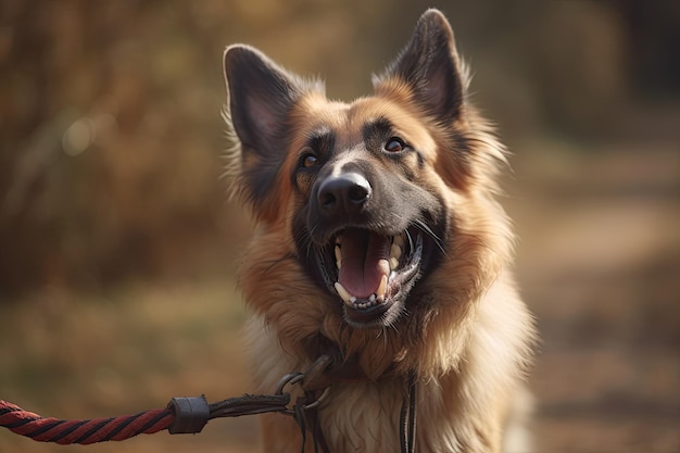 German shepherd dog on a leash Selective focus on the dog AI Generated