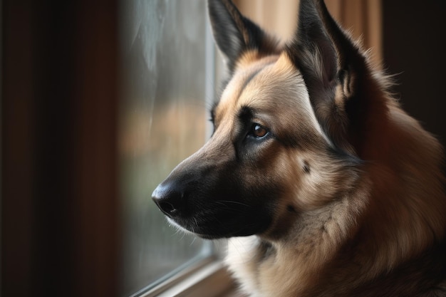 窓の外を眺めるジャーマン・シェパードの犬 目に選択的な焦点を当てる Ai 生成