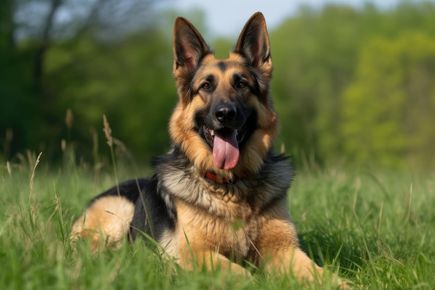 夏の日の森の草の上に横たわるジャーマン・シェパード犬 AI 生成