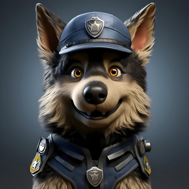 German shepherd dog in police uniform 3D rendering on gray background