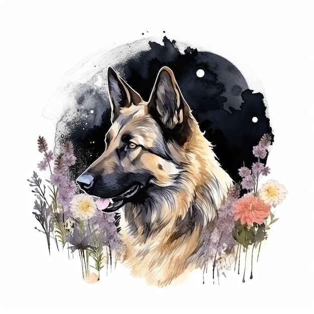 ドイツの羊飼い犬 肖像画 小型犬 水彩画 手描きイラスト ジェネレーティブ・アイ