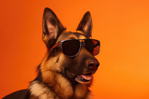 German shepherd dog portrait wearing sunglasses on orange background AI generated