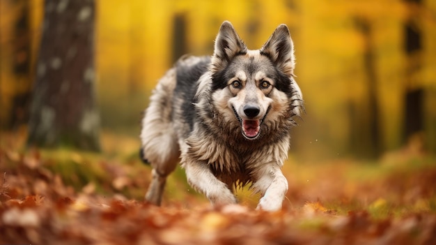 A german shepherd dog runs through the leaves in autumn