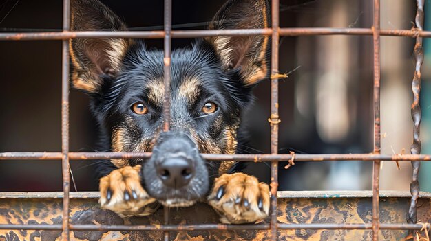 Photo a german shepherd dog sits in a cage at a shelter looking out at the world with sad eyes the dog is hoping to be adopted into a loving home