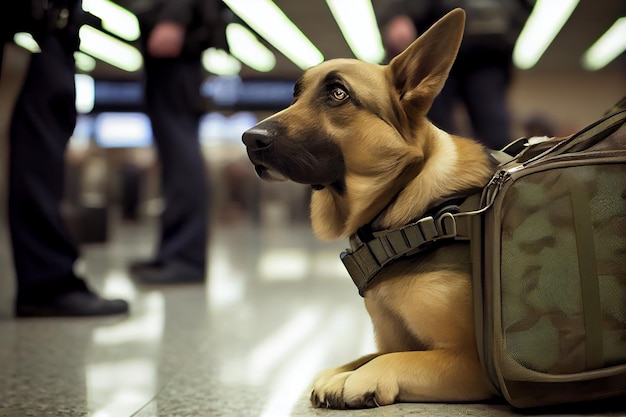 A german shepherd dog sits on the floor with his bag.
