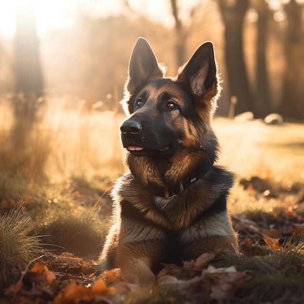 A german shepherd dog sits in the leaves in the autumn