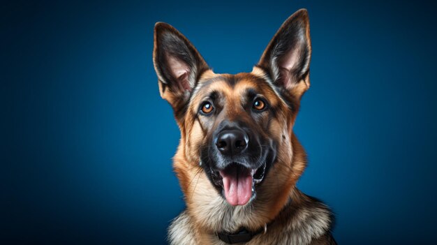 A German Shepherd dog sitting in front of a blue background