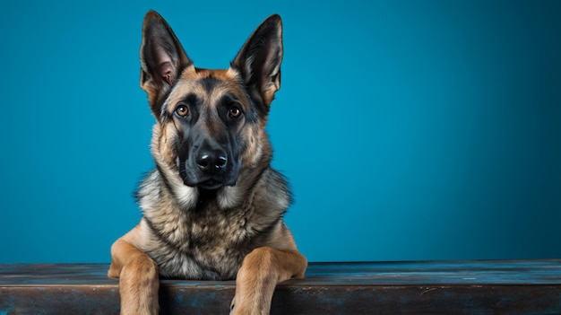 A German Shepherd dog sitting in front of a blue background