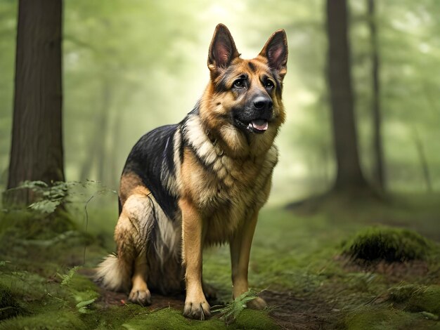 A German Shepherd dog standing forlornly amidst a misty forest