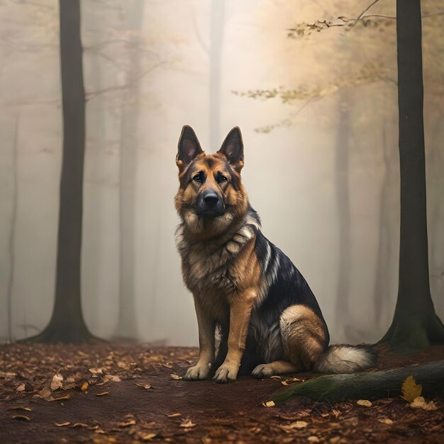 Photo a german shepherd dog standing forlornly amidst a misty forest